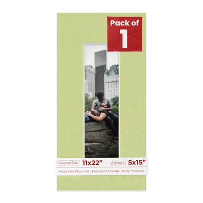 11x22 Mat Bevel Cut for 5x15 Photos - Acid Free Pistachio Green Precut Matboard With Backing Board and Crystal Clear, Self Seal Photo Mat Bag - For Pictures, Photos, Framing - 4-ply Thickness