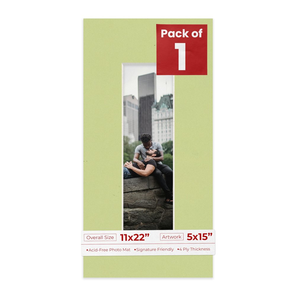 11x22 Mat Bevel Cut for 5x15 Photos - Acid Free Pistachio Green Precut Matboard With Backing Board and Crystal Clear, Self Seal Photo Mat Bag - For Pictures, Photos, Framing - 4-ply Thickness