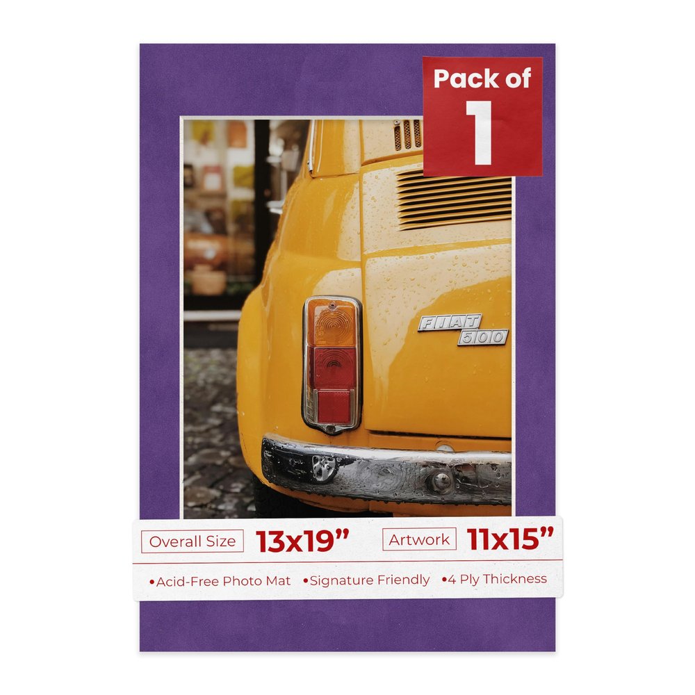 13x19 Mat Bevel Cut for 11x15 Photos - Acid Free Purple Crocus Suede Precut Matboard With Backing Board and Crystal Clear, Self Seal Photo Mat Bag - For Pictures, Photos, Framing - 4-ply Thickness