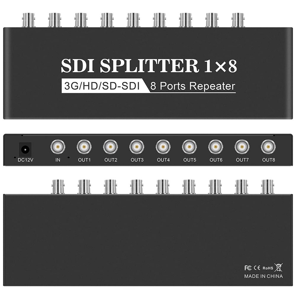 SDI Splitter 1x8 Supports SD, HD, 3G(1 Input and 8 outputs) SDI Video Splitter Box Distributor Amplifier for Video Monitoring System CCTV Security Camera