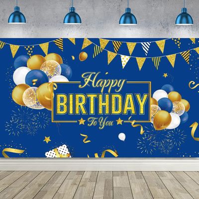 Happy Birthday Decorations Backdrop Banner Blue and Gold Happy Birthday Yard Sign Party Decorations Photography Background for Men Women Party Indoor Outdoor Decorations Supplies