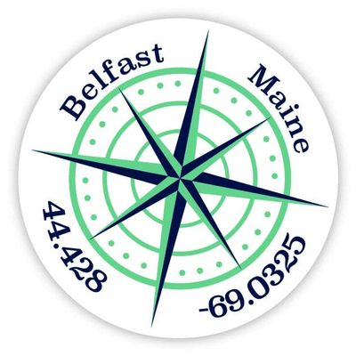 Belfast Maine 2-Inch Vinyl Decal Sticker Latitude Longitude Compass Design