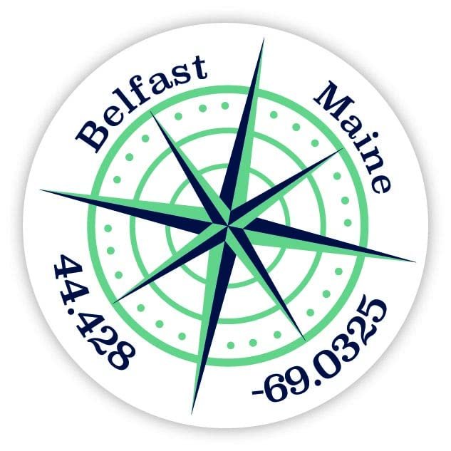 Belfast Maine 2-Inch Vinyl Decal Sticker Latitude Longitude Compass Design