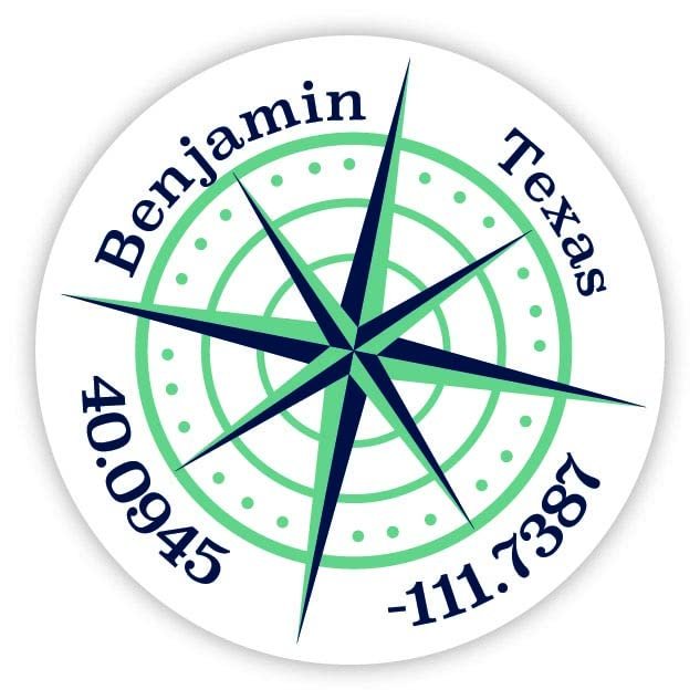 Benjamin Texas 2-Inch Vinyl Decal Sticker Latitude Longitude Compass Design