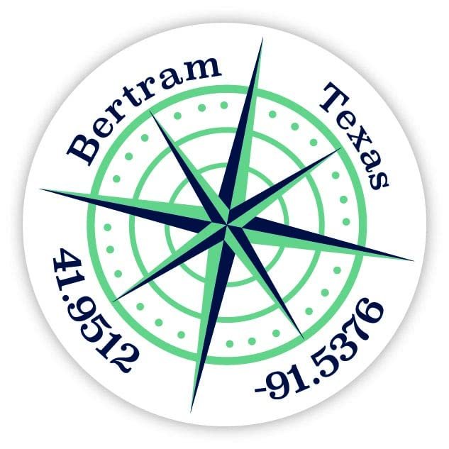 Bertram Texas 2-Inch Vinyl Decal Sticker Latitude Longitude Compass Design