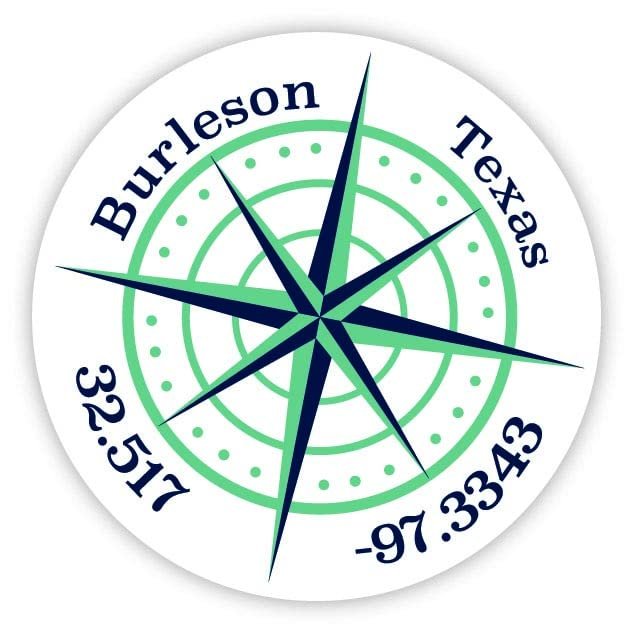 Burleson Texas 2-Inch Vinyl Decal Sticker Latitude Longitude Compass Design