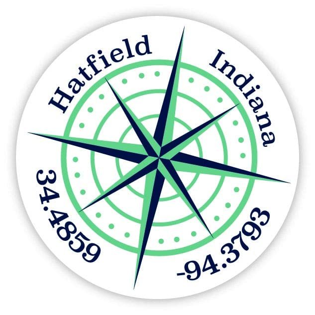 Hatfield Indiana 2-Inch Vinyl Decal Sticker Latitude Longitude Compass Design