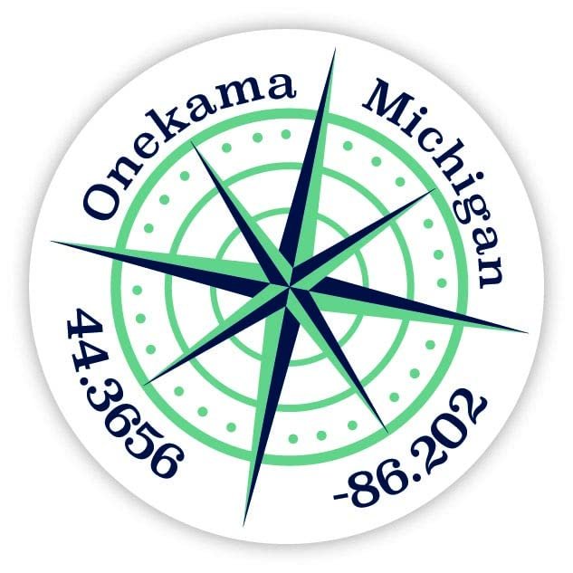 Onekama Michigan 2-Inch Vinyl Decal Sticker Latitude Longitude Compass Design
