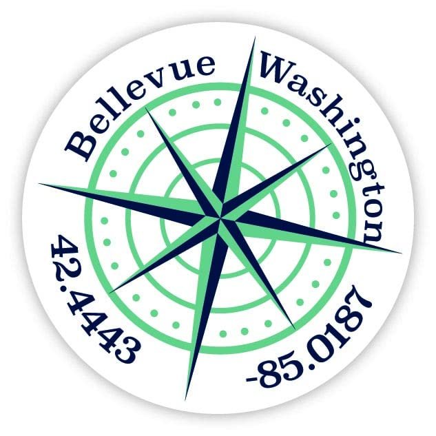 Bellevue Washington 2-Inch Vinyl Decal Sticker Latitude Longitude Compass Design