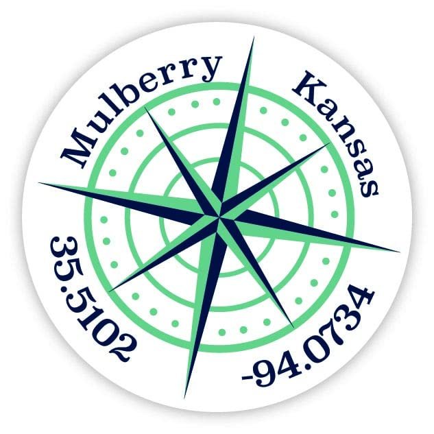 Mulberry Kansas 2-Inch Vinyl Decal Sticker Latitude Longitude Compass Design