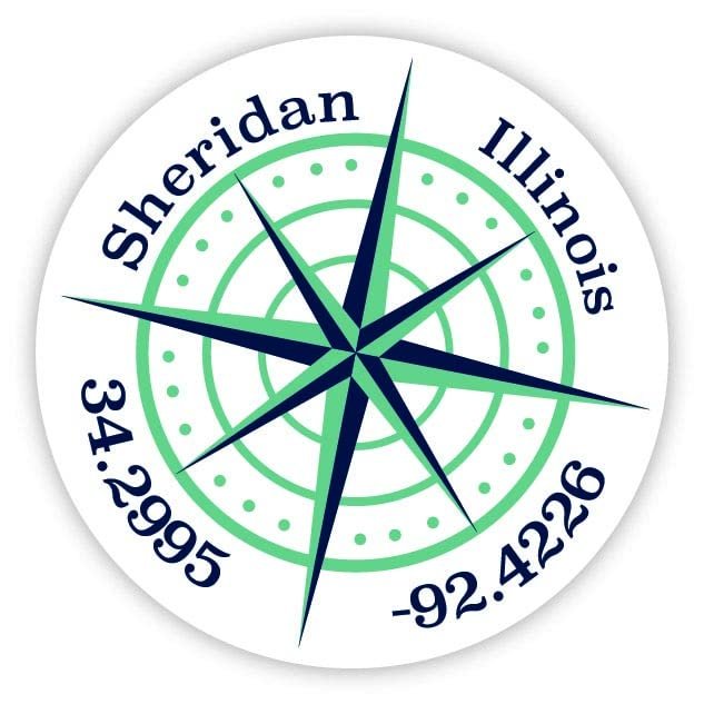 Sheridan Illinois 2-Inch Vinyl Decal Sticker Latitude Longitude Compass Design