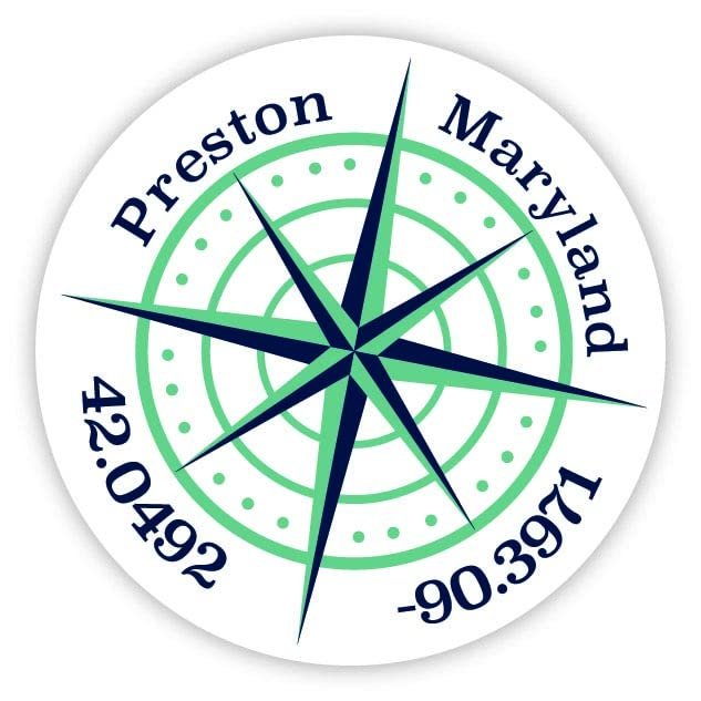 Preston Maryland 2-Inch Vinyl Decal Sticker Latitude Longitude Compass Design