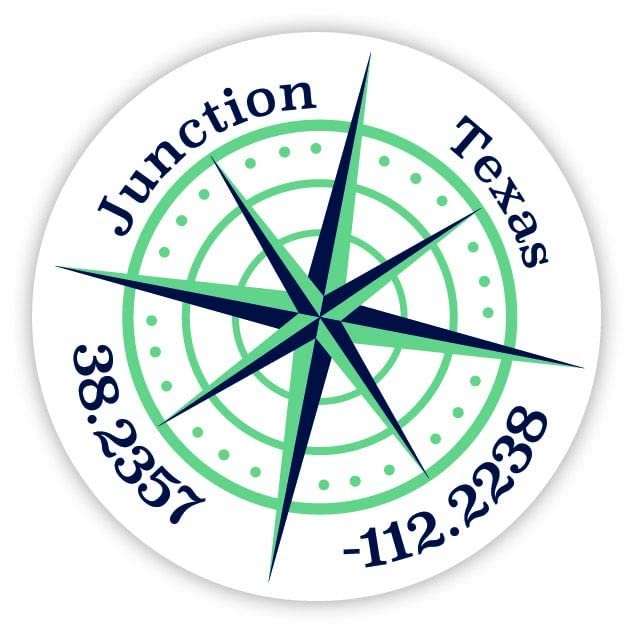 Junction Texas 2-Inch Vinyl Decal Sticker Latitude Longitude Compass Design