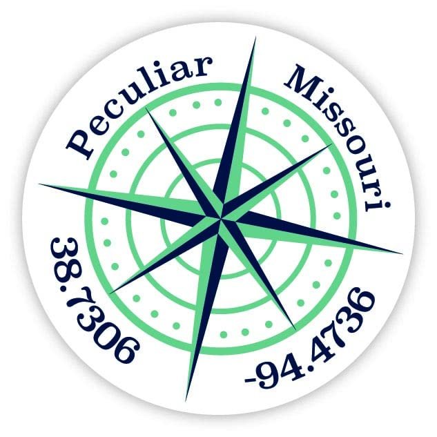 Peculiar Missouri 2-Inch Vinyl Decal Sticker Latitude Longitude Compass Design