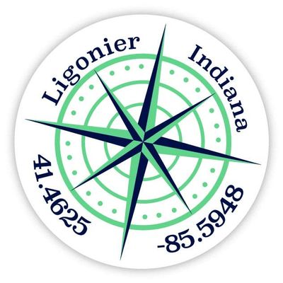Ligonier Indiana 2-Inch Vinyl Decal Sticker Latitude Longitude Compass Design