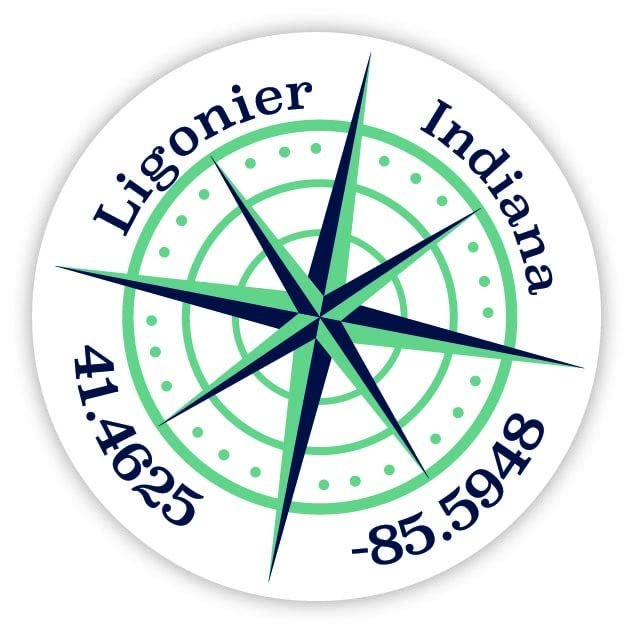 Ligonier Indiana 2-Inch Vinyl Decal Sticker Latitude Longitude Compass Design