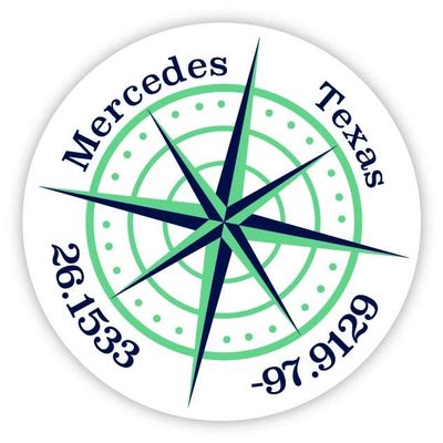 Mercedes Texas 2-Inch Vinyl Decal Sticker Latitude Longitude Compass Design
