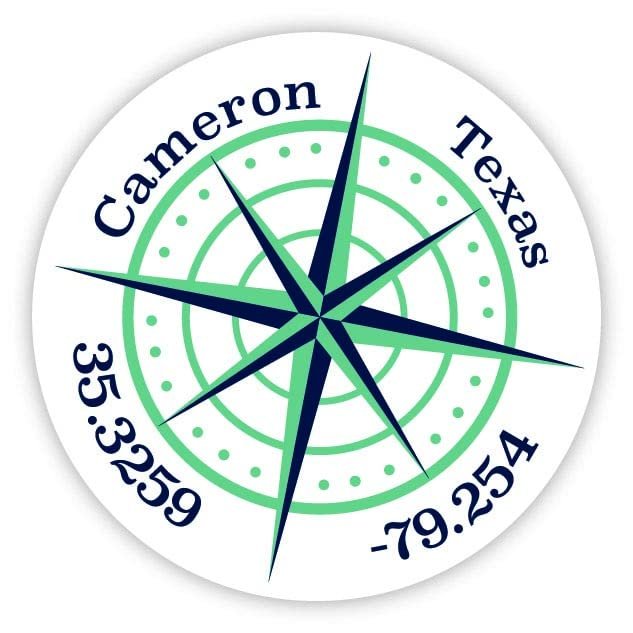 Cameron Texas 2-Inch Vinyl Decal Sticker Latitude Longitude Compass Design