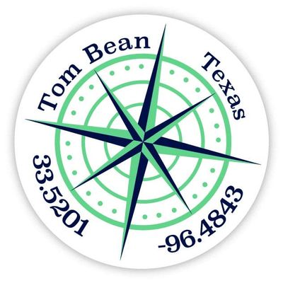 Tom Bean Texas 2-Inch Vinyl Decal Sticker Latitude Longitude Compass Design