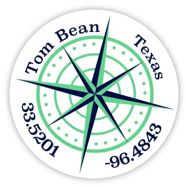 Tom Bean Texas 2-Inch Vinyl Decal Sticker Latitude Longitude Compass Design