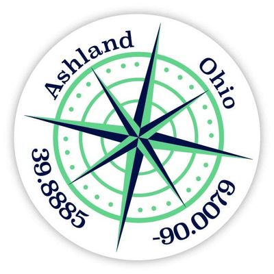 Ashland Ohio 2-Inch Vinyl Decal Sticker Latitude Longitude Compass Design