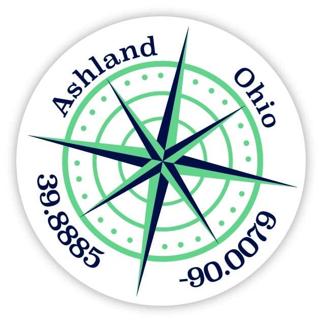 Ashland Ohio 2-Inch Vinyl Decal Sticker Latitude Longitude Compass Design