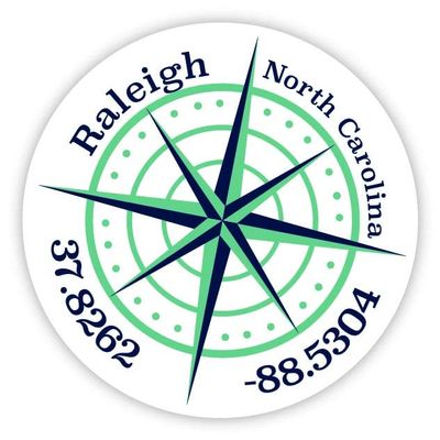 Raleigh North Carolina 2-Inch Vinyl Decal Sticker Latitude Longitude Compass Design