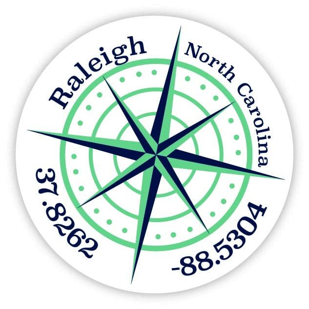 Raleigh North Carolina 2-Inch Vinyl Decal Sticker Latitude Longitude Compass Design