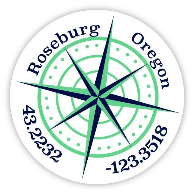 Roseburg Oregon 2-Inch Vinyl Decal Sticker Latitude Longitude Compass Design