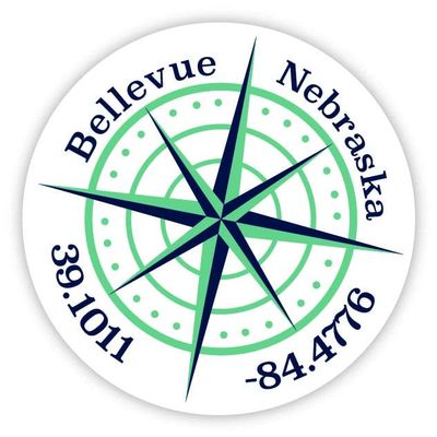 Bellevue Nebraska 2-Inch Vinyl Decal Sticker Latitude Longitude Compass Design