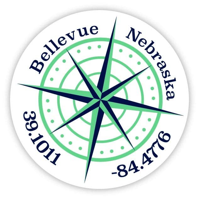 Bellevue Nebraska 2-Inch Vinyl Decal Sticker Latitude Longitude Compass Design