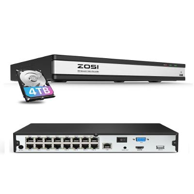 ZOSI 4K 16CH PoE NVR with 4TB Hard Drive,8MP Network Video Recorder Home Security Camera Surveillance System,24/7 Recording,Only Compatible with ZOSI 4K/8MP/5MP/4MP PoE Camera(32 Channel 16-Port)