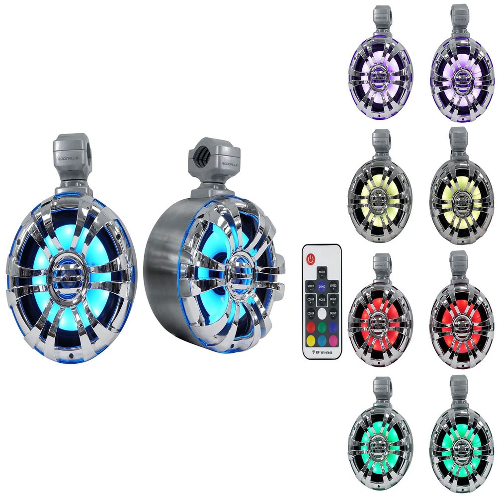 Rockville Pair WB65KLS Silver 6.5" Marine Wakeboard LED Tower Speakers, 300W Peak/150W RMS, 4 Ohm, Waterproof, Multi-Color LED Lighting, 360 Degree Swivel for Boats and ATVs