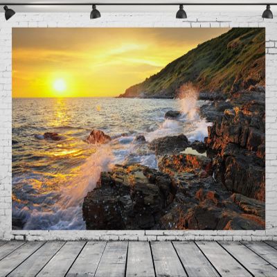Loccor 5x3ft Fabric Beach Backdrop Rocky Coast Gold Sunset Landscape Photography Background Polyester Adult Lovers Portrait Wedding Travel Vacation Birthday Party Decor Photo Studio Props