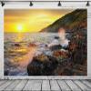 Loccor 5x3ft Fabric Beach Backdrop Rocky Coast Gold Sunset Landscape Photography Background Polyester Adult Lovers Portrait Wedding Travel Vacation Birthday Party Decor Photo Studio Props view 1