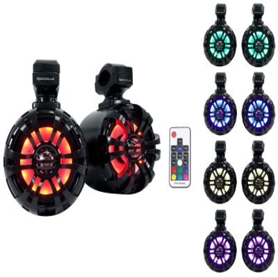 Rockville WB50KLS (Pair) Black 5.25" 250W Stainless Steel Marine Wakeboard Tower Speakers 360 Swivel Mount w/LED Lights Waterproof for Boats & ATVs
