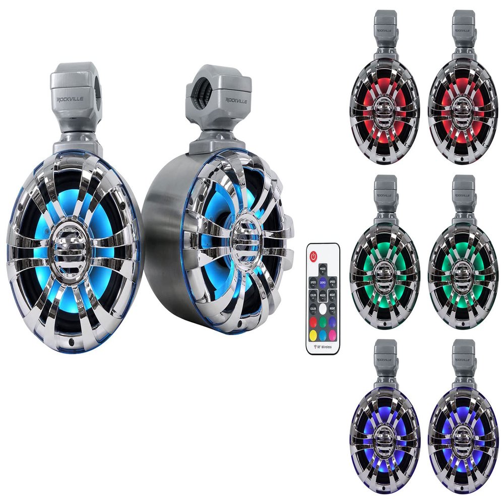 Rockville WB50KLS (Pair) Silver 5.25" 250W Stainless Steel Marine Wakeboard Tower Speakers 360 Swivel Mount w/LED Lights Waterproof for Boats & ATVs