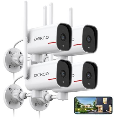 DEKCO 4 Pack Wired Home Camera Outdoor with 2K Color Night Vision, Pan Rotating 180 Security Cameras Support 24/7 Recording, 2.4GHz WiFi, AI Human Auto Tracking, Work with Alexa/Google Assistant