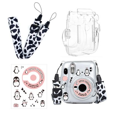 Ngaantyun Mini 11 Clear Case Bundle Kit for Fujifilm Instax Mini 11 Instant Camera Case with Film Pocket Pictures Holder, Stickers Skin Decal, Adjustable Shoulder Strap Accessories (Penguine)