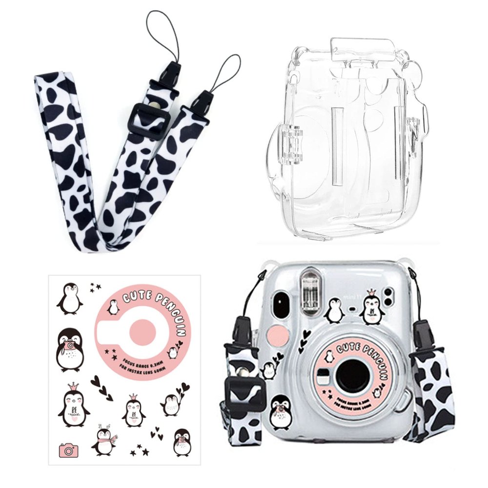 Ngaantyun Mini 11 Clear Case Bundle Kit for Fujifilm Instax Mini 11 Instant Camera Case with Film Pocket Pictures Holder, Stickers Skin Decal, Adjustable Shoulder Strap Accessories (Penguine)