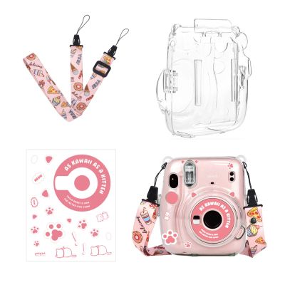 Ngaantyun Mini 11 Clear Case Bundle Kit for Fujifilm Instax Mini 11 Instant Camera Case with Film Pocket Pictures Holder, Stickers Skin Decal, Adjustable Shoulder Strap Accessories (Cat paw)