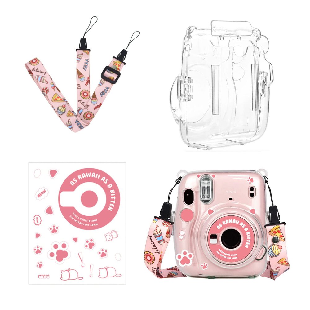 Ngaantyun Mini 11 Clear Case Bundle Kit for Fujifilm Instax Mini 11 Instant Camera Case with Film Pocket Pictures Holder, Stickers Skin Decal, Adjustable Shoulder Strap Accessories (Cat paw)