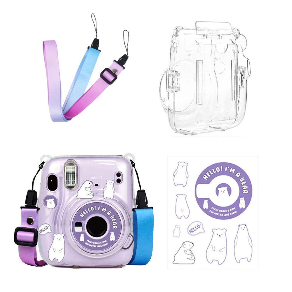 Ngaantyun Mini 11 Clear Case Bundle Kit for Fujifilm Instax Mini 11 Instant Camera Case with Film Pocket Pictures Holder, Stickers Skin Decal, Adjustable Shoulder Strap Accessories (Bear)