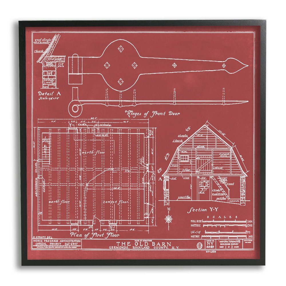 Stupell Industries Detailed Diagram Blueprint Old Barn Floor Plan, Design by Annie Warren, Red, 17 x 30