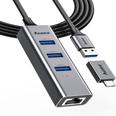 Aceele USB C to Ethernet Adapter, 3.3ft Long Cable, Aluminum USB-C Hub with 4 USB 3.0 Ports, Thunderbolt 3/USB-C to RJ45 Gigabit Ethernet LAN Network Adapter Multiport for MacBook Pro/Air, iPad Pro
