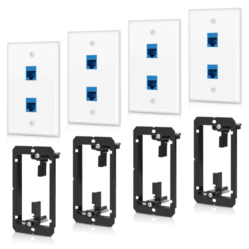 4 Pack Ethernet Wall Plate 2 Port Keystone Jack Blue Cat6 RJ45 Coupler Outlet Connector with Single Gang Low Voltage Mounting Bracket