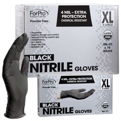ForPro Professional Collection Disposable Nitrile Gloves, Chemical Resistant, Powder-Free, Latex-Free, Non-Sterile, Food Safe, 4 Mil, Black, X-Large, 1000-Count