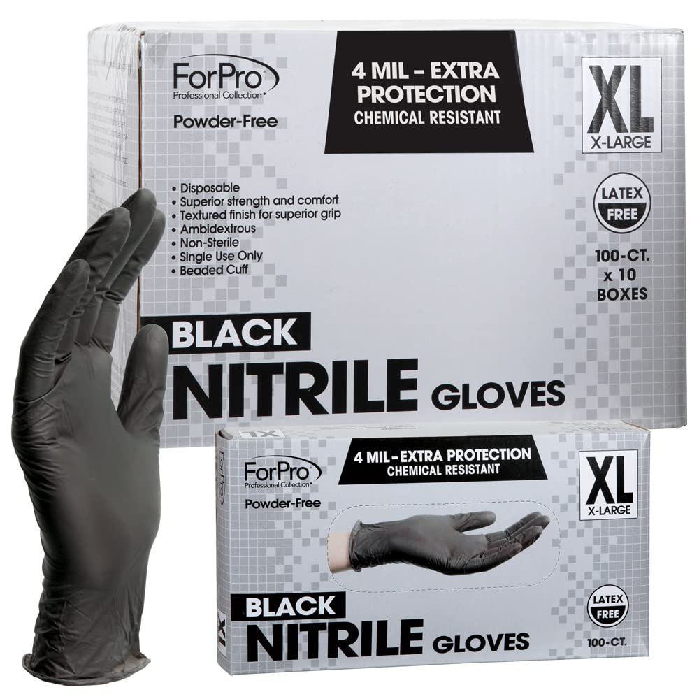 ForPro Professional Collection Disposable Nitrile Gloves, Chemical Resistant, Powder-Free, Latex-Free, Non-Sterile, Food Safe, 4 Mil, Black, X-Large, 1000-Count
