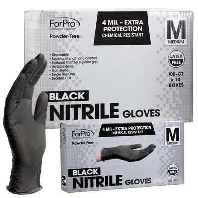 ForPro Professional Collection Disposable Nitrile Gloves, Chemical Resistant, Powder-Free, Latex-Free, Non-Sterile, Food Safe, 4 Mil, Black, Medium, 1000-Count