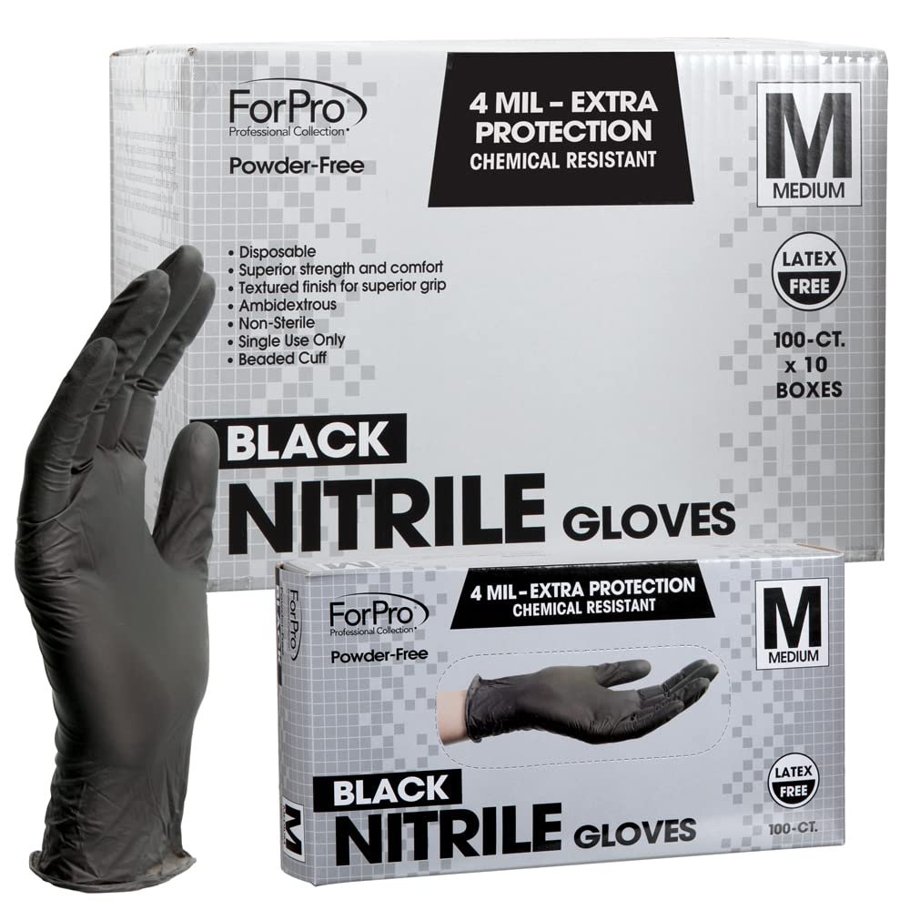 ForPro Professional Collection Disposable Nitrile Gloves, Chemical Resistant, Powder-Free, Latex-Free, Non-Sterile, Food Safe, 4 Mil, Black, Medium, 1000-Count